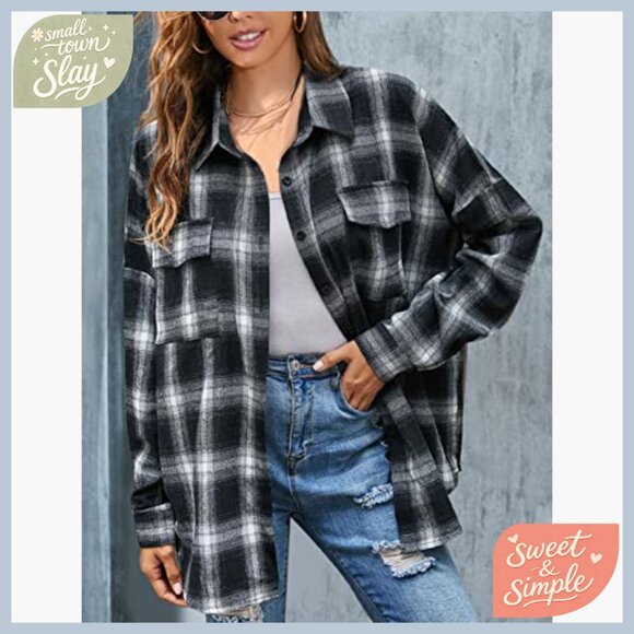 Oversized Flannel Plaid Button Down Shirt Lightweight Long Sleeve Blouse - Picture 2 of 7